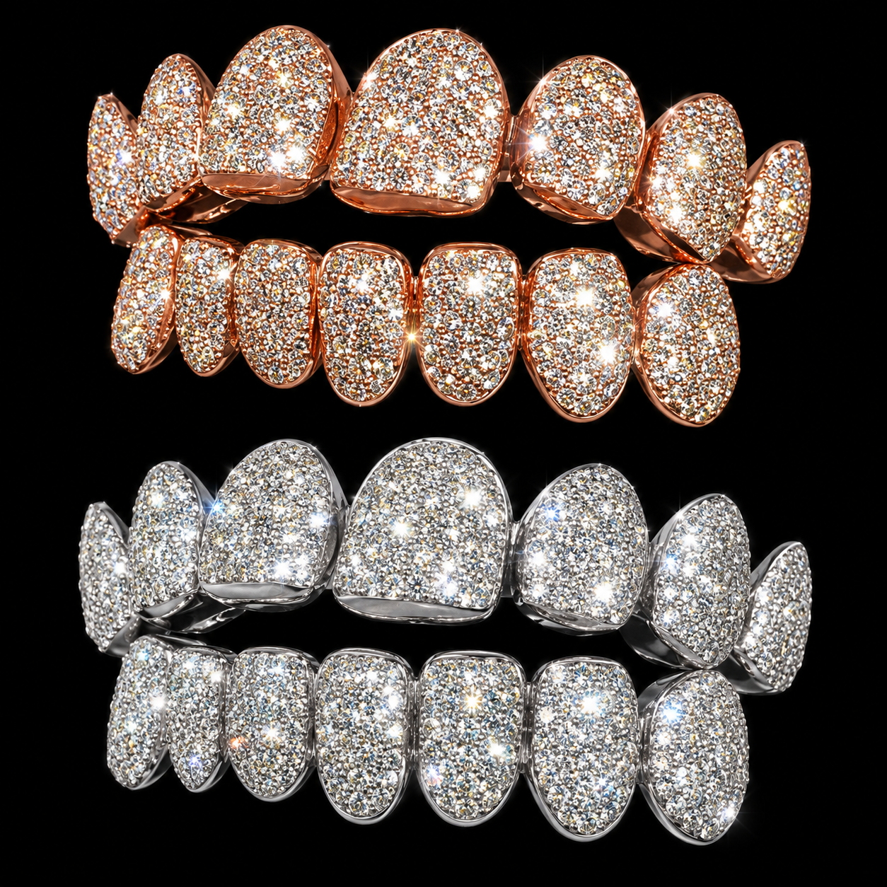 Warm-tone and silver-tone iced grillz sets